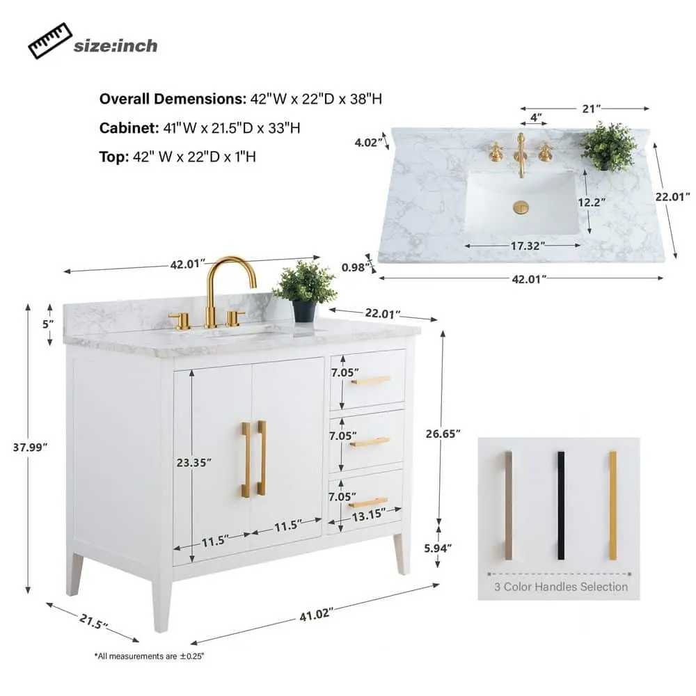 Vanity Art 42 in. W x 22 in. D x 34 in. H Single Sink Bathroom Vanity Cabinet in White with Engineered Marble Top, photo 9 of 9