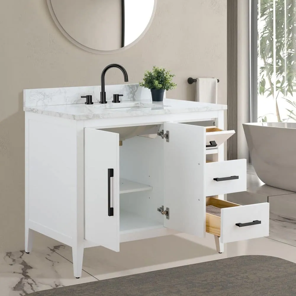 Vanity Art 42 in. W x 22 in. D x 34 in. H Single Sink Bathroom Vanity Cabinet in White with Engineered Marble Top, photo 4 of 9