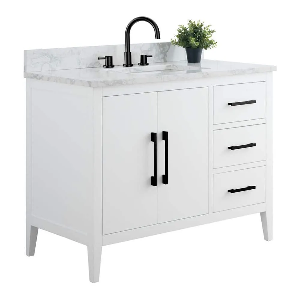 Vanity Art 42 in. W x 22 in. D x 34 in. H Single Sink Bathroom Vanity Cabinet in White with Engineered Marble Top, photo 8 of 9
