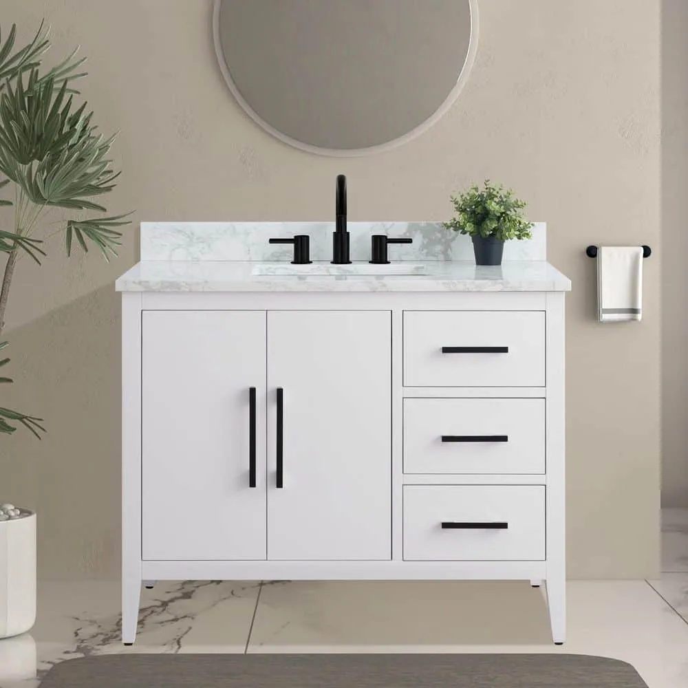 Vanity Art 42 in. W x 22 in. D x 34 in. H Single Sink Bathroom Vanity Cabinet in White with Engineered Marble Top, photo 2 of 9