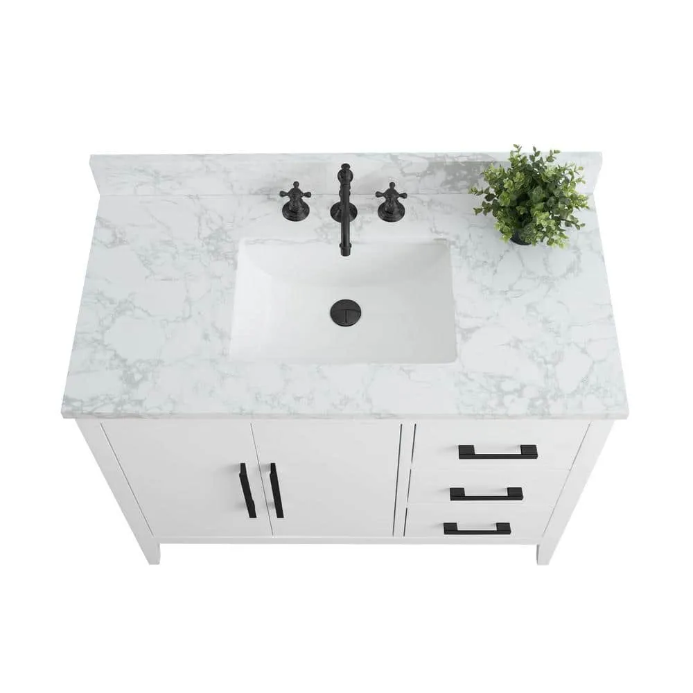 Vanity Art 42 in. W x 22 in. D x 34 in. H Single Sink Bathroom Vanity Cabinet in White with Engineered Marble Top, photo 5 of 9