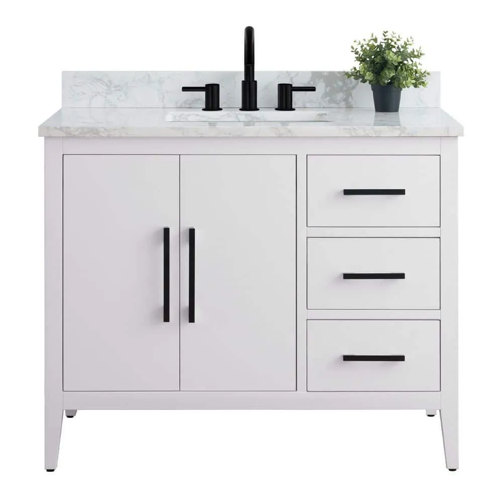 Vanity Art 42 in. W x 22 in. D x 34 in. H Single Sink Bathroom Vanity Cabinet in White with Engineered Marble Top, photo 7 of 9