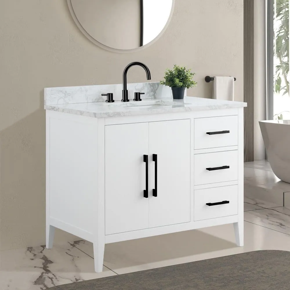 Vanity Art 42 in. W x 22 in. D x 34 in. H Single Sink Bathroom Vanity Cabinet in White with Engineered Marble Top, photo 3 of 9