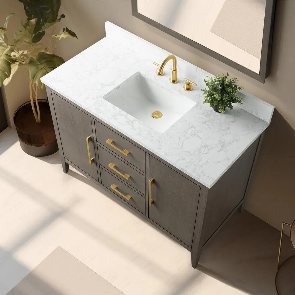 Vanity Art 48 in. W x 22 in. D x 34 in. H Single-Sink Bath Vanity in Driftwood Gray with Engineered Marble Top in Arabescato White, photo 7 of 10