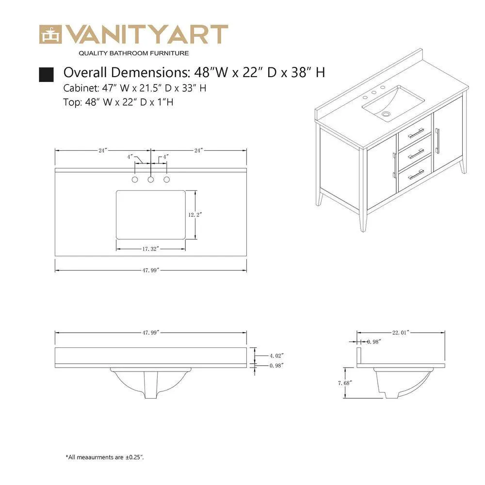Vanity Art 48 in. W x 22 in. D x 34 in. H Single-Sink Bath Vanity in Driftwood Gray with Engineered Marble Top in Arabescato White, photo 10 of 10