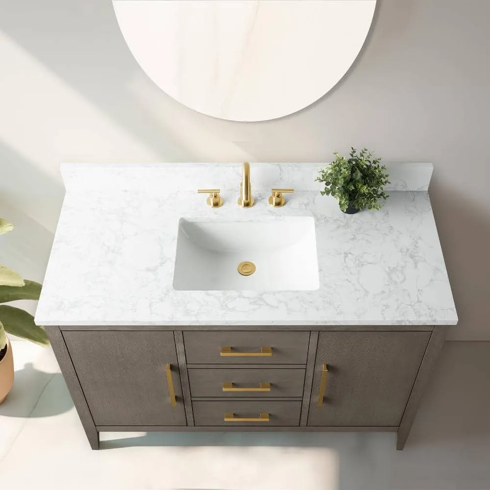 Vanity Art 48 in. W x 22 in. D x 34 in. H Single-Sink Bath Vanity in Driftwood Gray with Engineered Marble Top in Arabescato White, photo 3 of 10