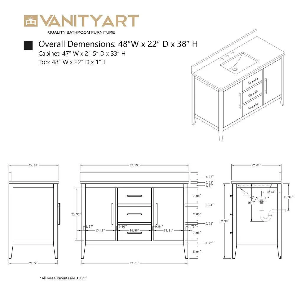 Vanity Art 48 in. W x 22 in. D x 34 in. H Single-Sink Bath Vanity in Driftwood Gray with Engineered Marble Top in Arabescato White, photo 9 of 10