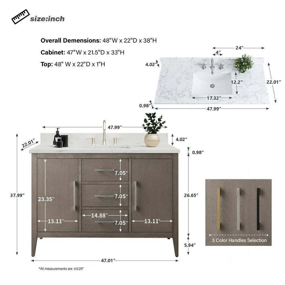 Vanity Art 48 in. W x 22 in. D x 34 in. H Single-Sink Bath Vanity in Driftwood Gray with Engineered Marble Top in Arabescato White, photo 8 of 9