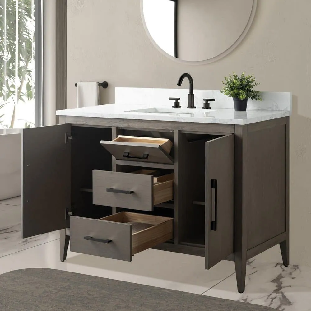 Vanity Art 48 in. W x 22 in. D x 34 in. H Single-Sink Bath Vanity in Driftwood Gray with Engineered Marble Top in Arabescato White, photo 4 of 9