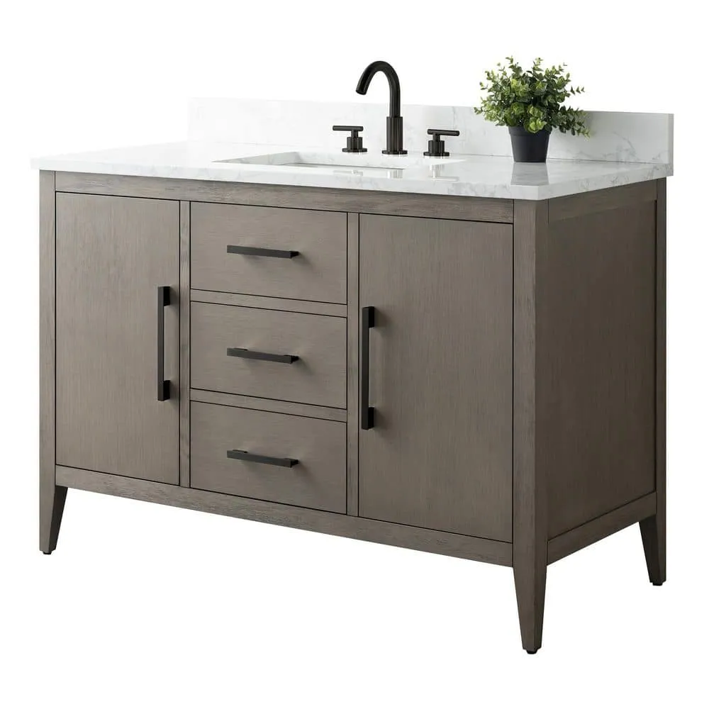 Vanity Art 48 in. W x 22 in. D x 34 in. H Single-Sink Bath Vanity in Driftwood Gray with Engineered Marble Top in Arabescato White, photo 7 of 9