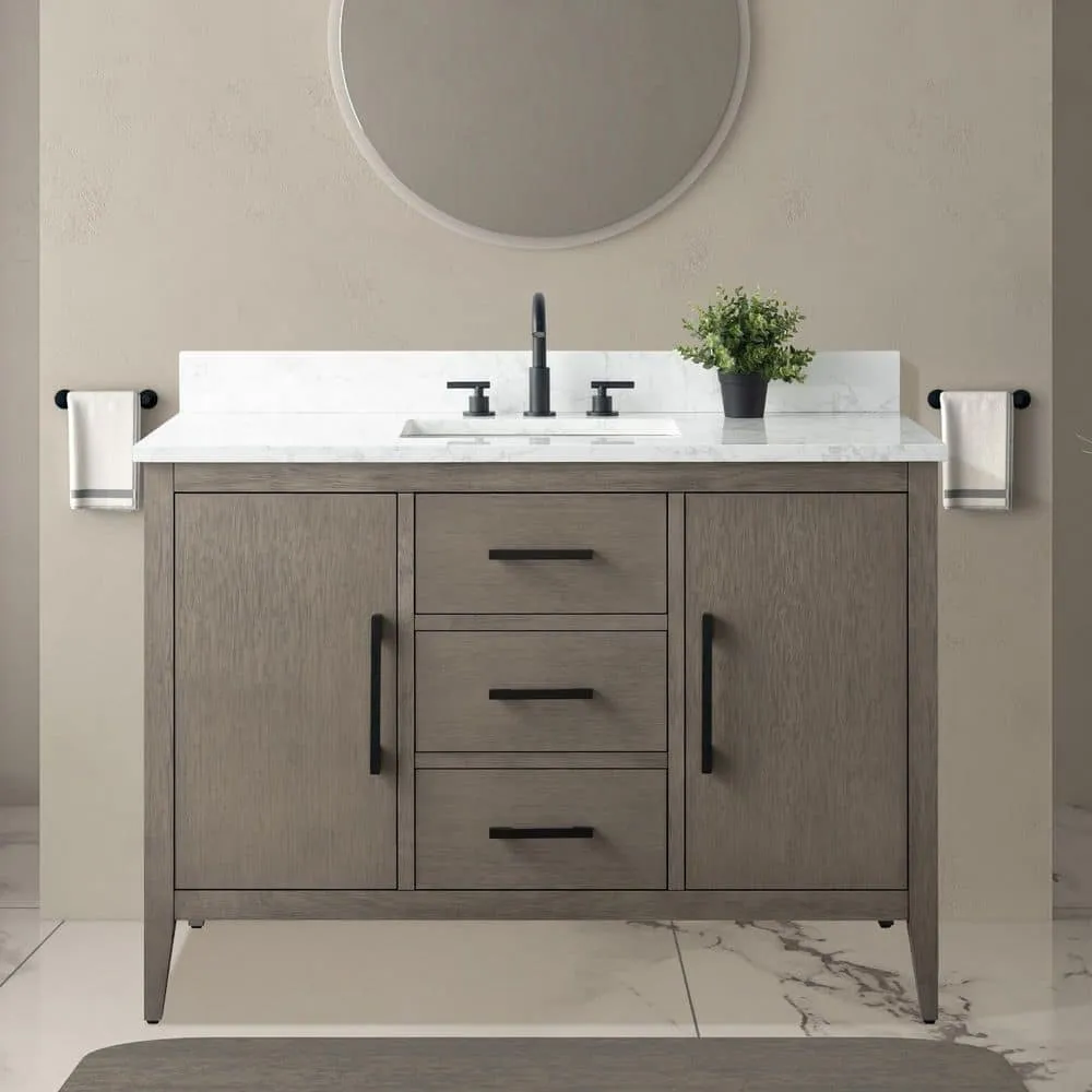 Vanity Art 48 in. W x 22 in. D x 34 in. H Single-Sink Bath Vanity in Driftwood Gray with Engineered Marble Top in Arabescato White, photo 2 of 9