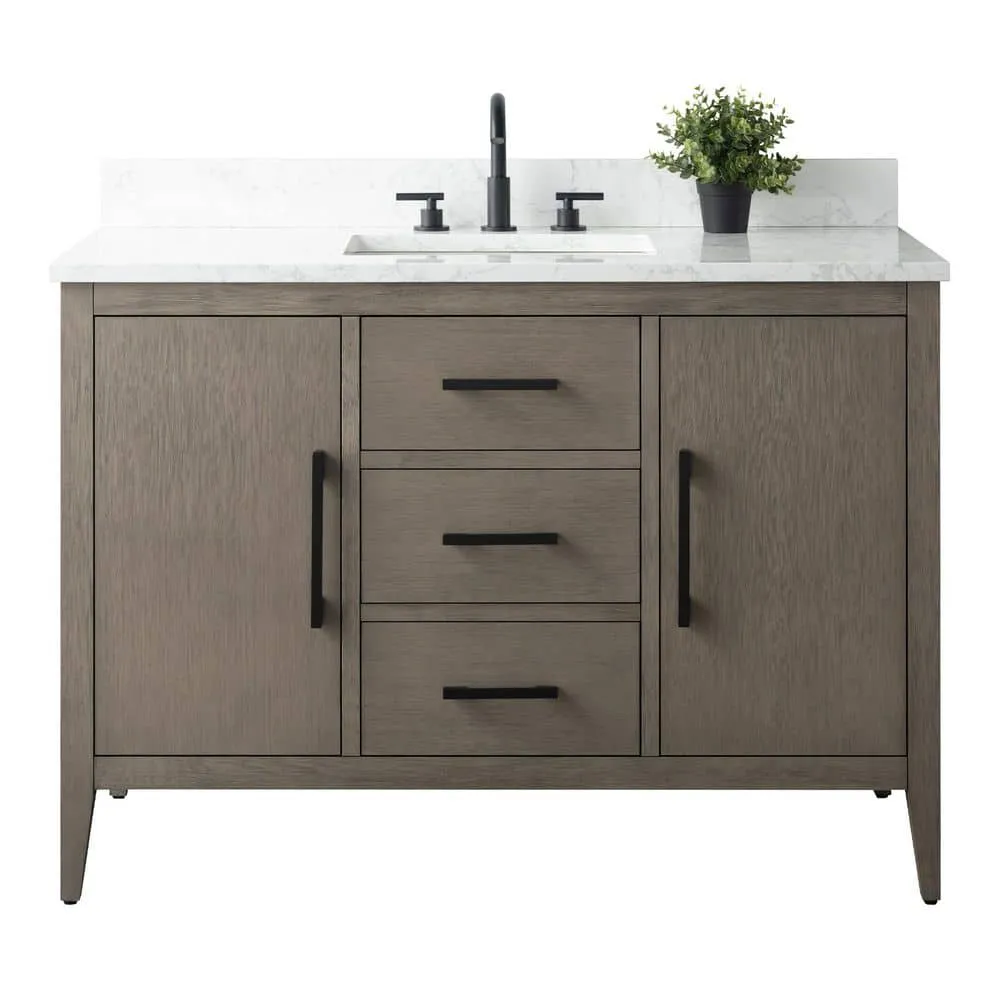 Vanity Art 48 in. W x 22 in. D x 34 in. H Single-Sink Bath Vanity in Driftwood Gray with Engineered Marble Top in Arabescato White, photo 6 of 9