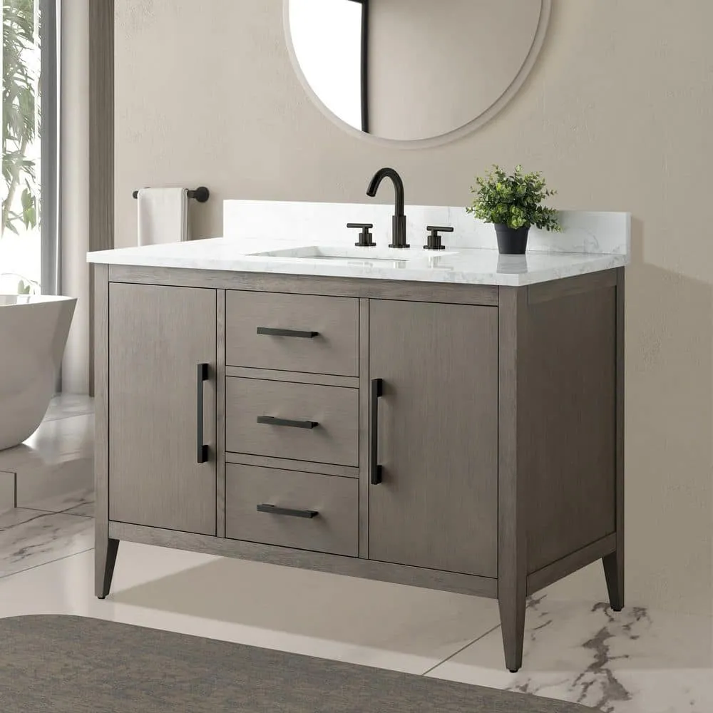 Vanity Art 48 in. W x 22 in. D x 34 in. H Single-Sink Bath Vanity in Driftwood Gray with Engineered Marble Top in Arabescato White, photo 3 of 9