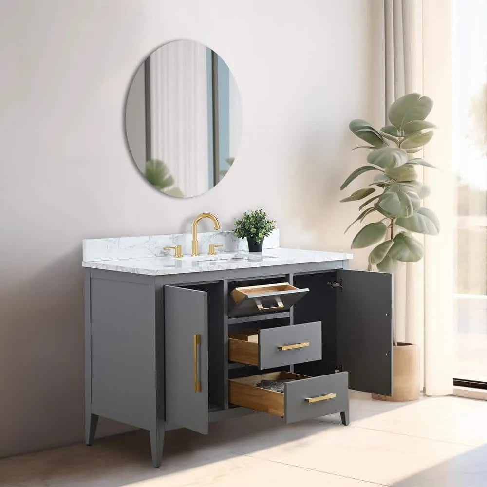 Vanity Art 48 in. W x 22 in. D x 34 in. H Single Sink Bathroom Vanity Cabinet in Cashmere Gray with Engineered Marble Top, photo 8 of 9