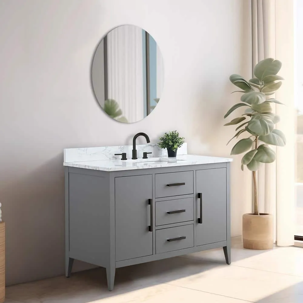 Vanity Art 48 in. W x 22 in. D x 34 in. H Single Sink Bathroom Vanity Cabinet in Cashmere Gray with Engineered Marble Top, photo 5 of 10
