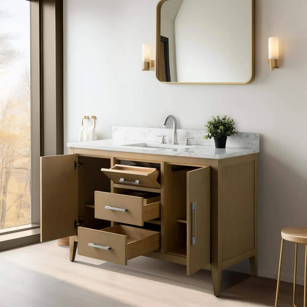 Vanity Art 48 in. W. x 22 in. D x 34 in. H Single Sink Bathroom Vanity Cabinet in Natural Oak with Engineered Marble Top in White, photo 6 of 10