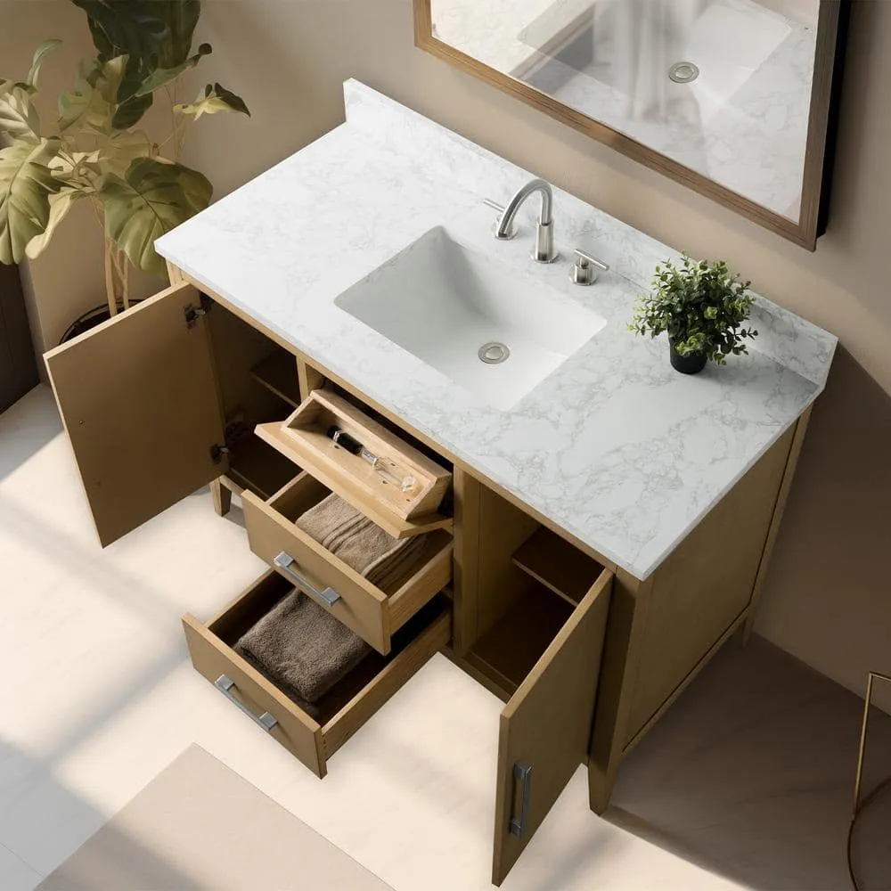 Vanity Art 48 in. W. x 22 in. D x 34 in. H Single Sink Bathroom Vanity Cabinet in Natural Oak with Engineered Marble Top in White, photo 3 of 10