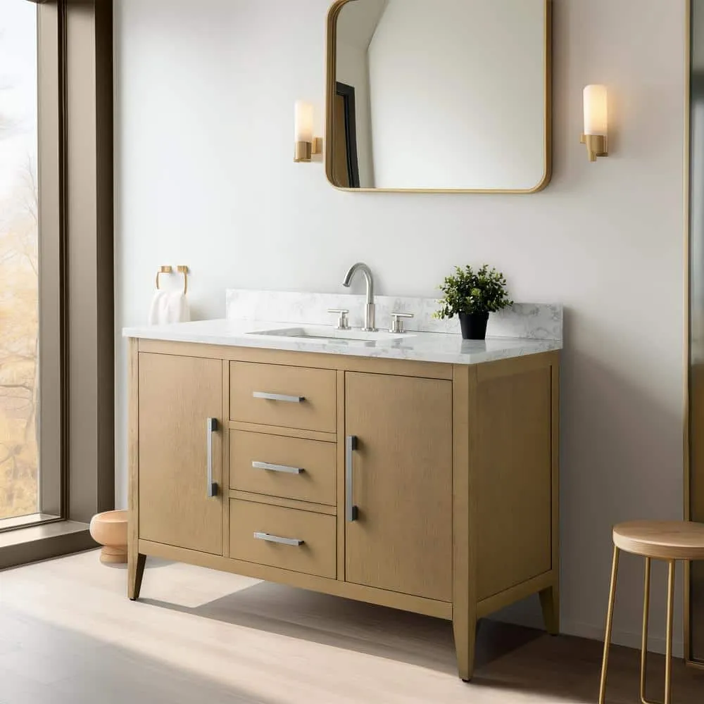 Vanity Art 48 in. W. x 22 in. D x 34 in. H Single Sink Bathroom Vanity Cabinet in Natural Oak with Engineered Marble Top in White, photo 5 of 10