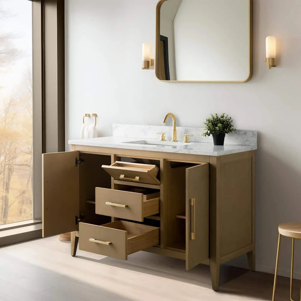 Vanity Art 48 in. W x 22 in. D x 34 in. H Single-Sink Bathroom Vanity in Natural Oak with Engineered Marble Top in Arabescato White, photo 6 of 10