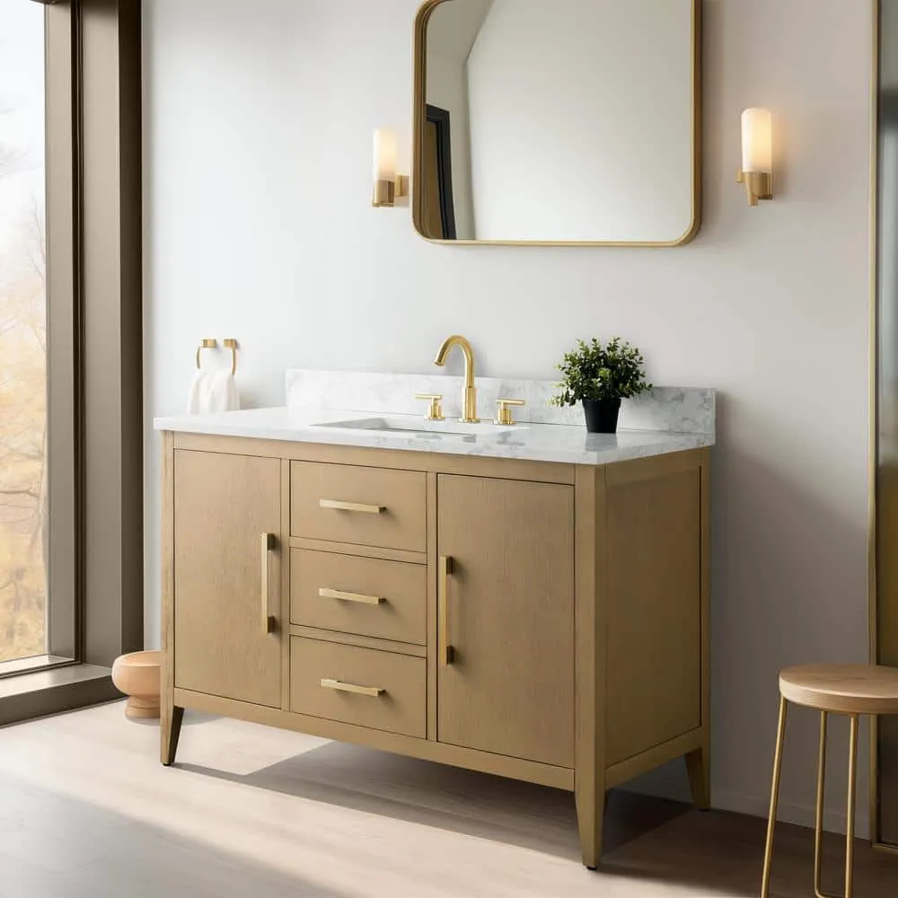 Vanity Art 48 in. W x 22 in. D x 34 in. H Single-Sink Bathroom Vanity in Natural Oak with Engineered Marble Top in Arabescato White, photo 5 of 10