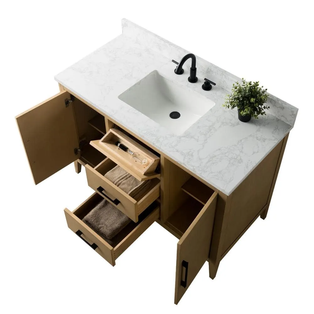 Vanity Art 48 in. W x 22 in. D x 34 in. H Single Sink Bathroom Vanity Cabinet in Natural Oak with Engineered Marble Top, photo 3 of 11