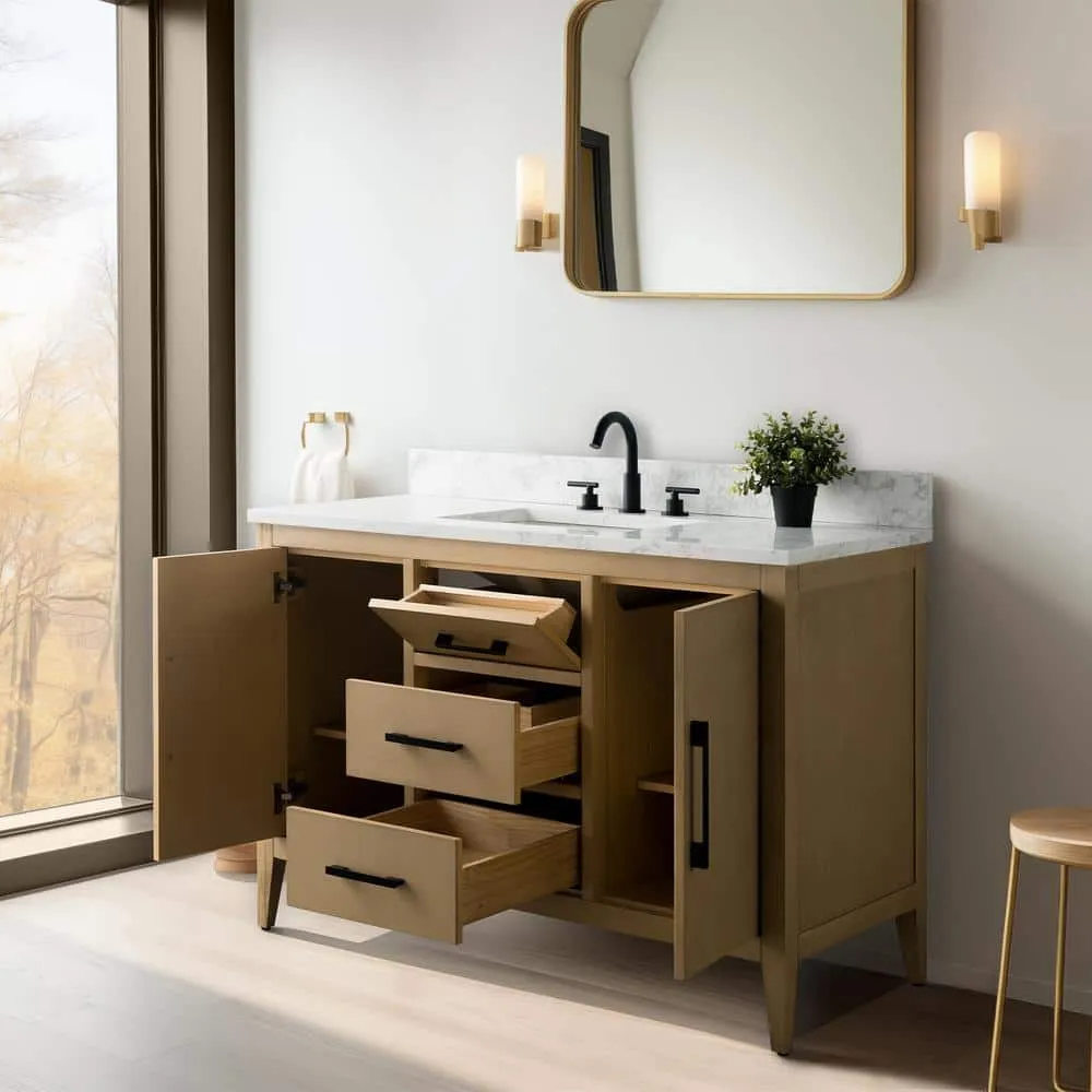 Vanity Art 48 in. W x 22 in. D x 34 in. H Single Sink Bathroom Vanity Cabinet in Natural Oak with Engineered Marble Top, photo 7 of 11