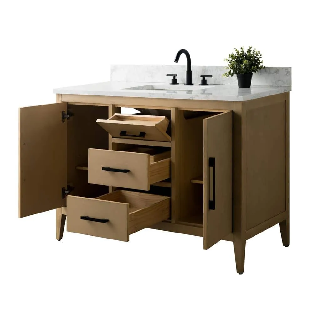 Vanity Art 48 in. W x 22 in. D x 34 in. H Single Sink Bathroom Vanity Cabinet in Natural Oak with Engineered Marble Top, photo 5 of 11