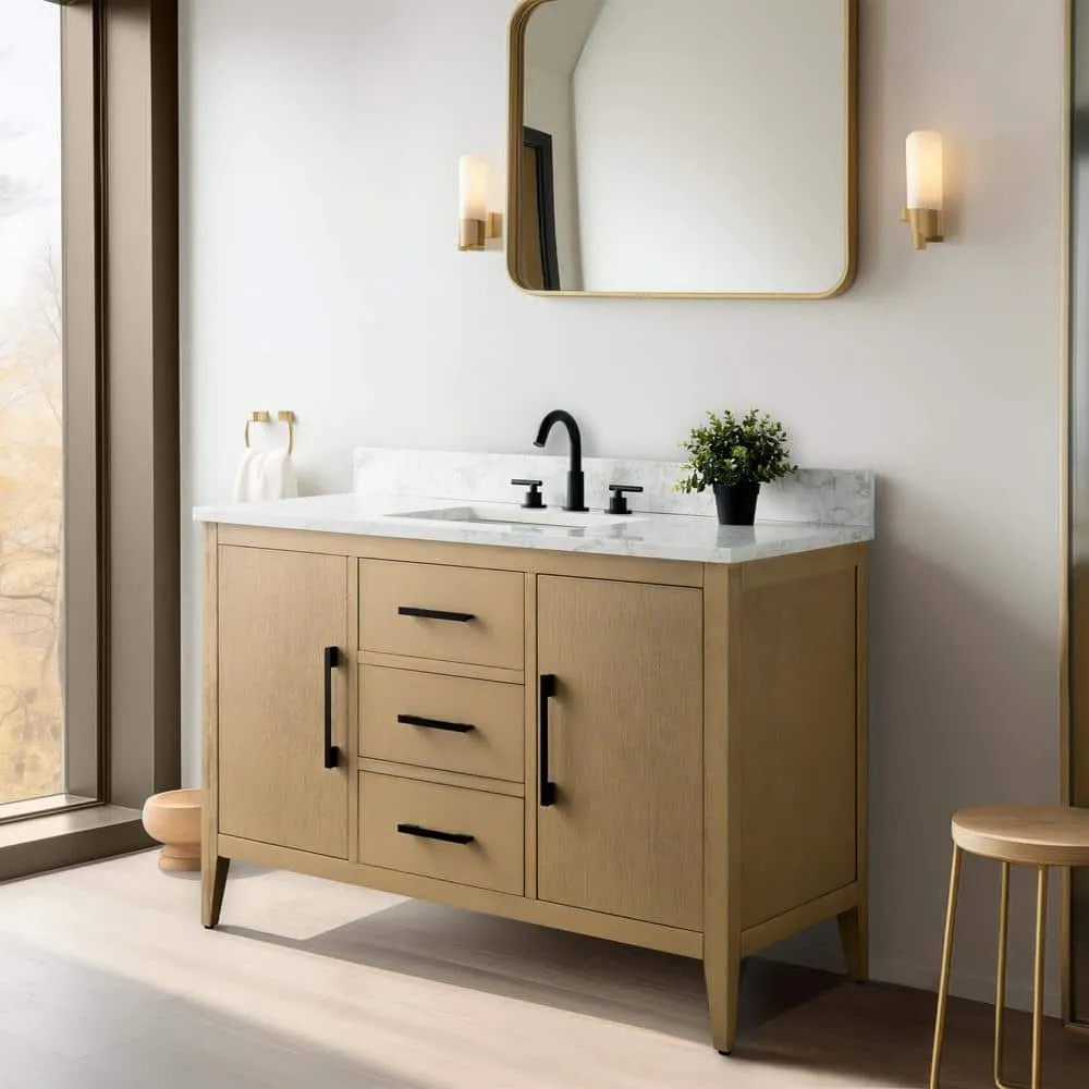 Vanity Art 48 in. W x 22 in. D x 34 in. H Single Sink Bathroom Vanity Cabinet in Natural Oak with Engineered Marble Top, photo 6 of 11