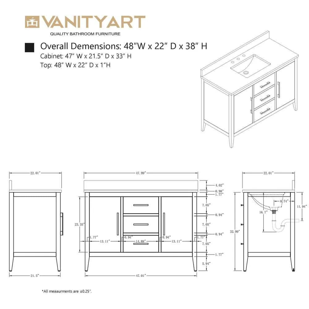 Vanity Art 48 in. W x 22 in. D x 34 in. H Single Sink Bathroom Vanity Cabinet in Vintage Green with Engineered Marble Top, photo 9 of 10