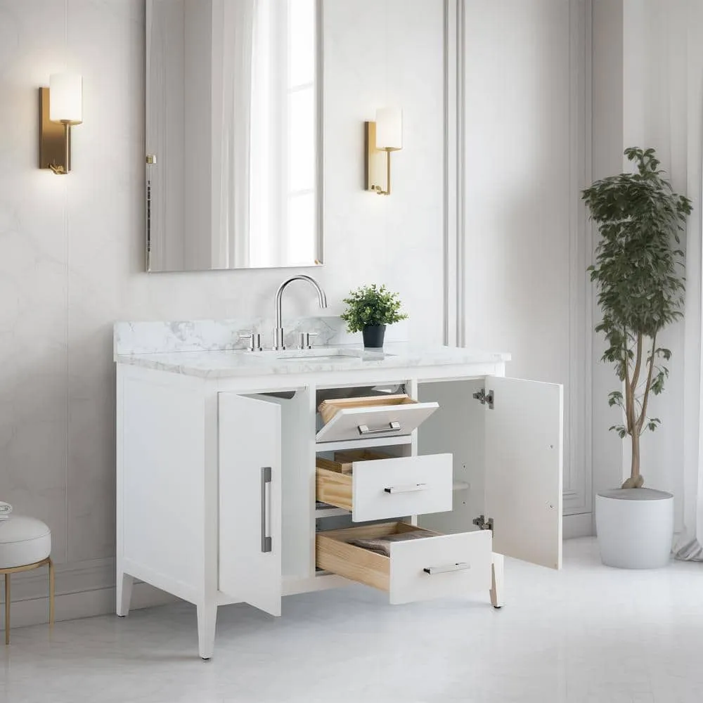 Vanity Art 48 in. W x 22 in. D x 34 in. H Single Sink Bathroom Vanity Cabinet in White with Engineered Marble Top, photo 8 of 12