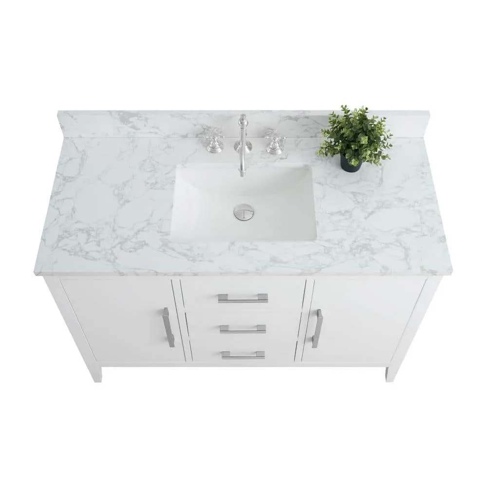 Vanity Art 48 in. W x 22 in. D x 34 in. H Single Sink Bathroom Vanity Cabinet in White with Engineered Marble Top, photo 4 of 12