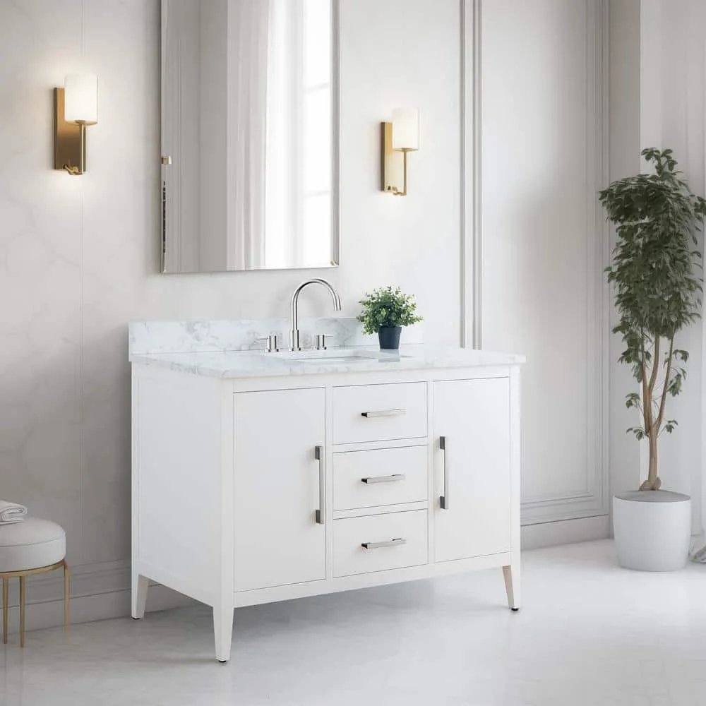 Vanity Art 48 in. W x 22 in. D x 34 in. H Single Sink Bathroom Vanity Cabinet in White with Engineered Marble Top, photo 7 of 12