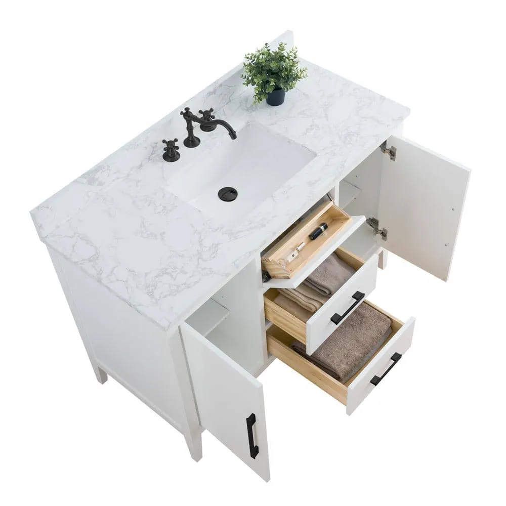 Vanity Art 48 in. W x 22 in. D x 34 in. H Single Sink Bathroom Vanity Cabinet in White with Engineered Marble Top, photo 8 of 9