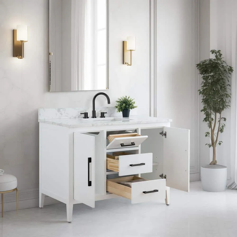 Vanity Art 48 in. W x 22 in. D x 34 in. H Single Sink Bathroom Vanity Cabinet in White with Engineered Marble Top, photo 7 of 9
