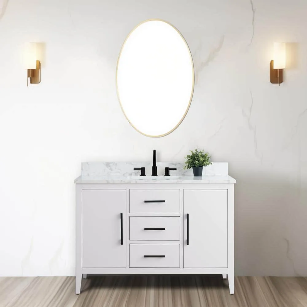 Vanity Art 48 in. W x 22 in. D x 34 in. H Single Sink Bathroom Vanity Cabinet in White with Engineered Marble Top, photo 2 of 9