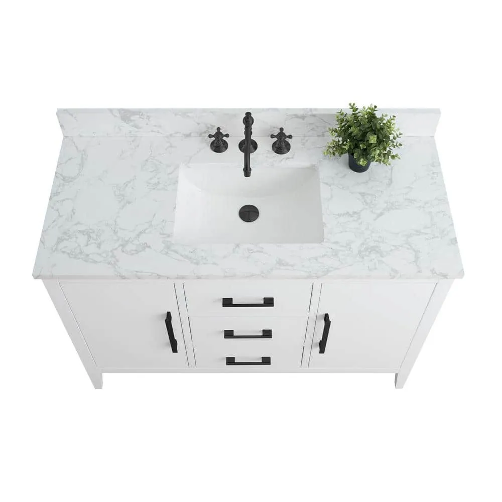 Vanity Art 48 in. W x 22 in. D x 34 in. H Single Sink Bathroom Vanity Cabinet in White with Engineered Marble Top, photo 4 of 9