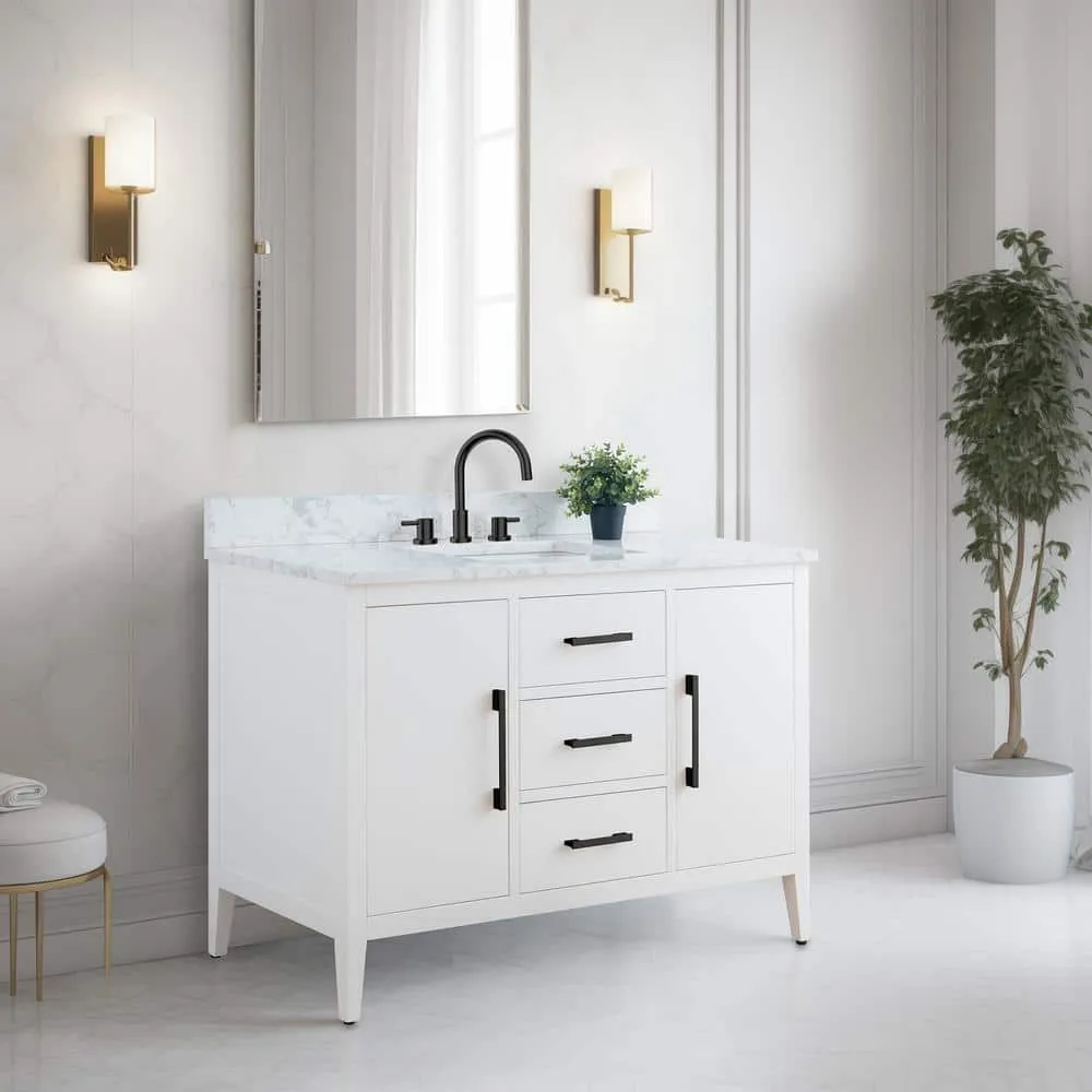 Vanity Art 48 in. W x 22 in. D x 34 in. H Single Sink Bathroom Vanity Cabinet in White with Engineered Marble Top, photo 6 of 9