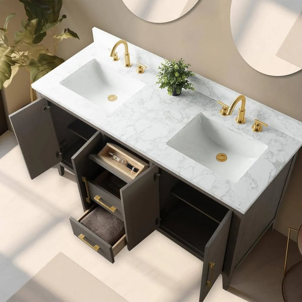 Vanity Art 60 in. W x 22 in. D x 34 in. H Double-Sink Bath Vanity in Driftwood Gray with Engineered Marble Top in Arabescato White, photo 9 of 13