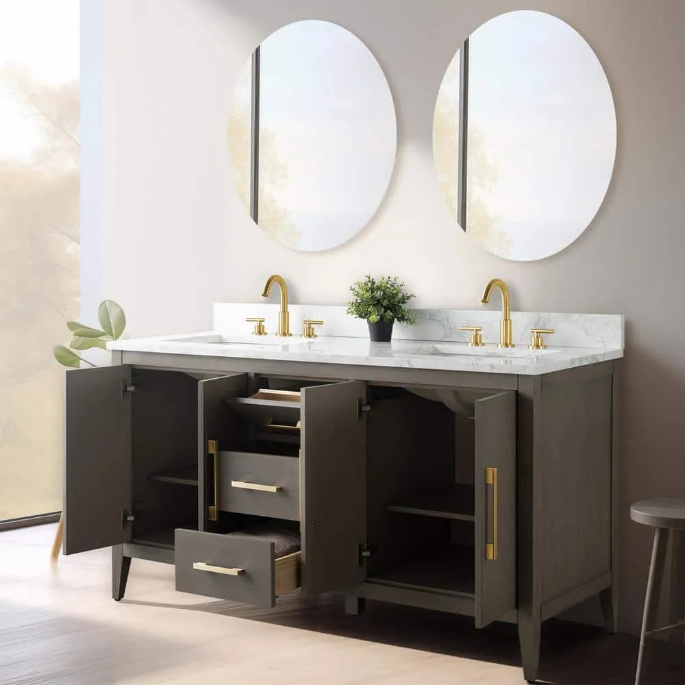 Vanity Art 60 in. W x 22 in. D x 34 in. H Double-Sink Bath Vanity in Driftwood Gray with Engineered Marble Top in Arabescato White, photo 8 of 13