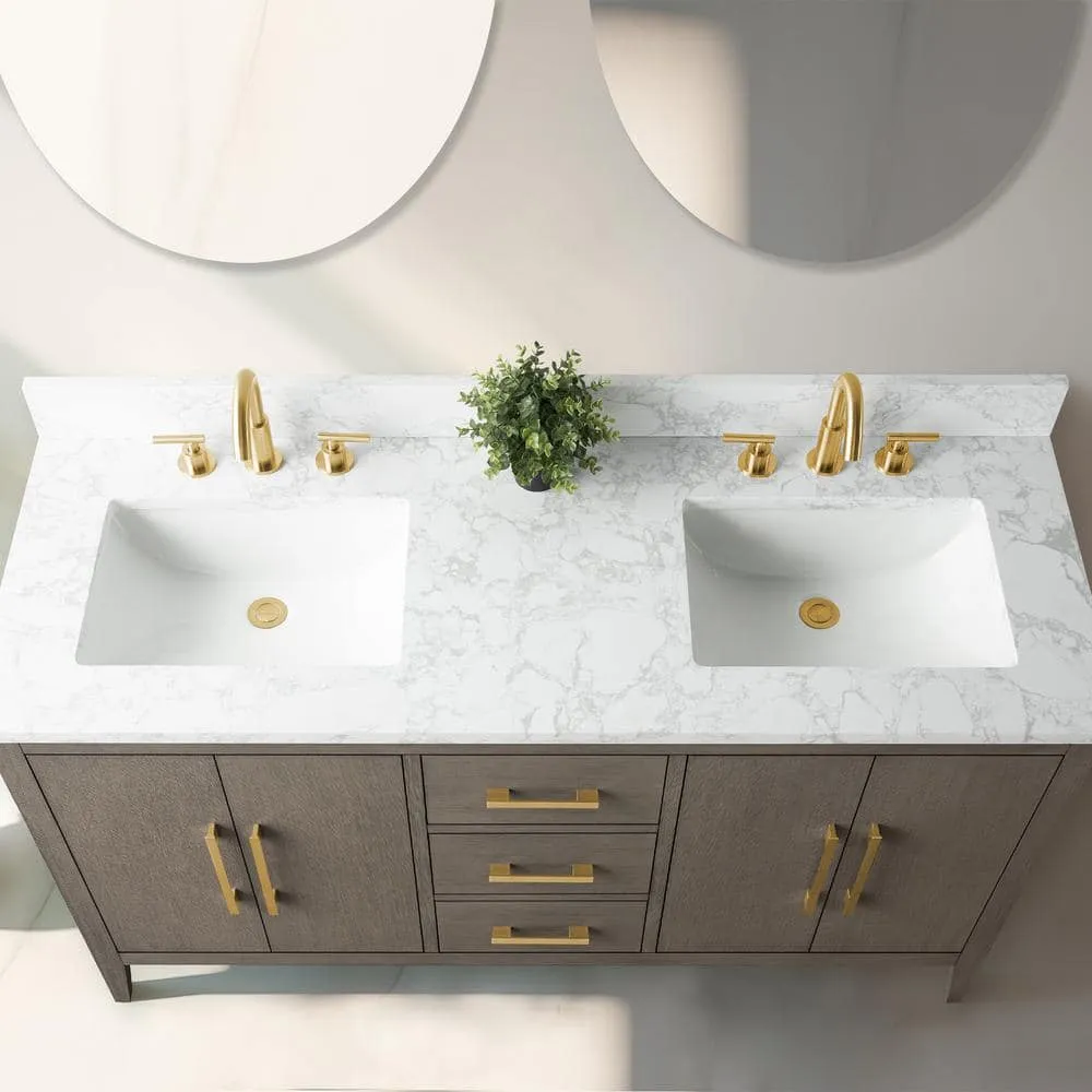 Vanity Art 60 in. W x 22 in. D x 34 in. H Double-Sink Bath Vanity in Driftwood Gray with Engineered Marble Top in Arabescato White, photo 3 of 13