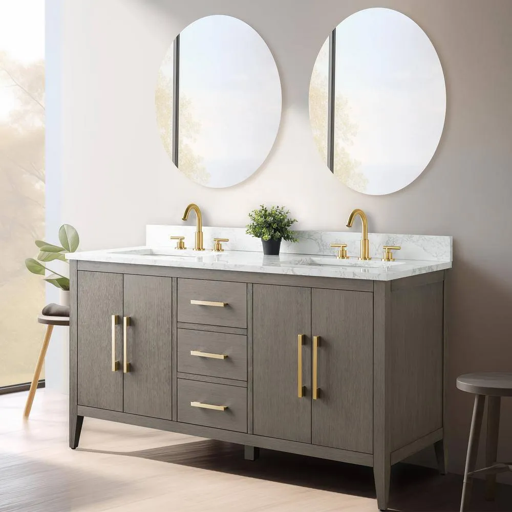 Vanity Art 60 in. W x 22 in. D x 34 in. H Double-Sink Bath Vanity in Driftwood Gray with Engineered Marble Top in Arabescato White, photo 7 of 13