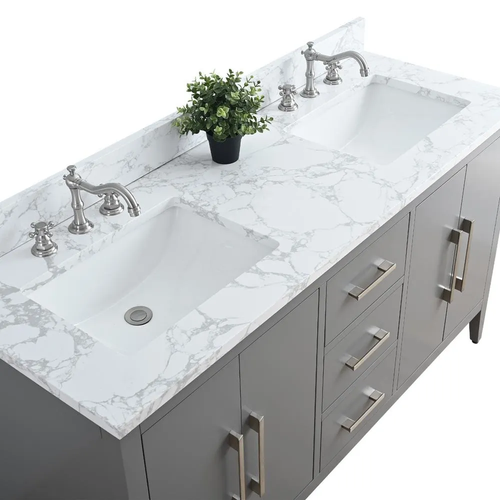 Vanity Art 60 in. W x 22 in. D x 34 in. H Double Sink Bathroom Vanity Cabinet in Cashmere Gray with Engineered Marble Top in White, photo 10 of 13