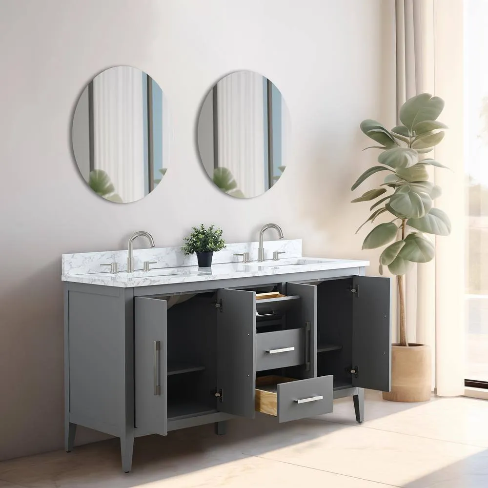 Vanity Art 60 in. W x 22 in. D x 34 in. H Double Sink Bathroom Vanity Cabinet in Cashmere Gray with Engineered Marble Top in White, photo 6 of 13