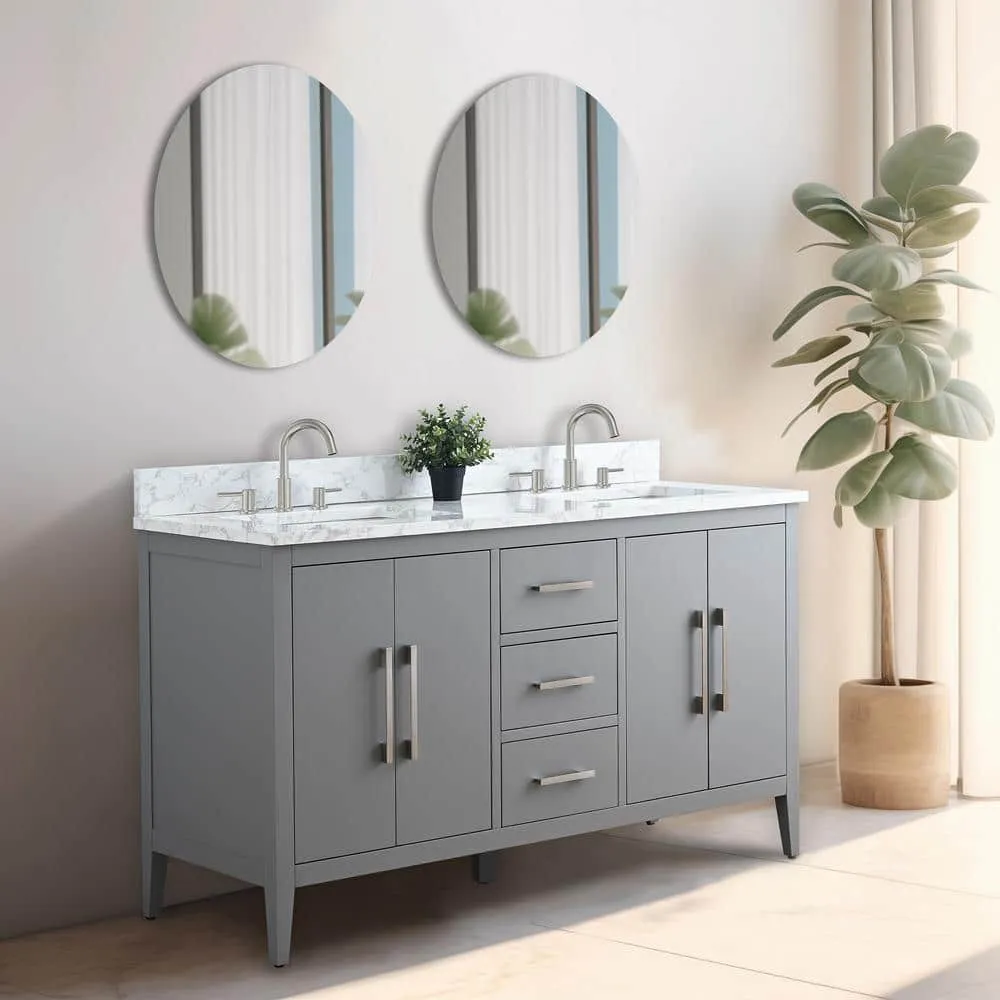 Vanity Art 60 in. W x 22 in. D x 34 in. H Double Sink Bathroom Vanity Cabinet in Cashmere Gray with Engineered Marble Top in White, photo 7 of 13