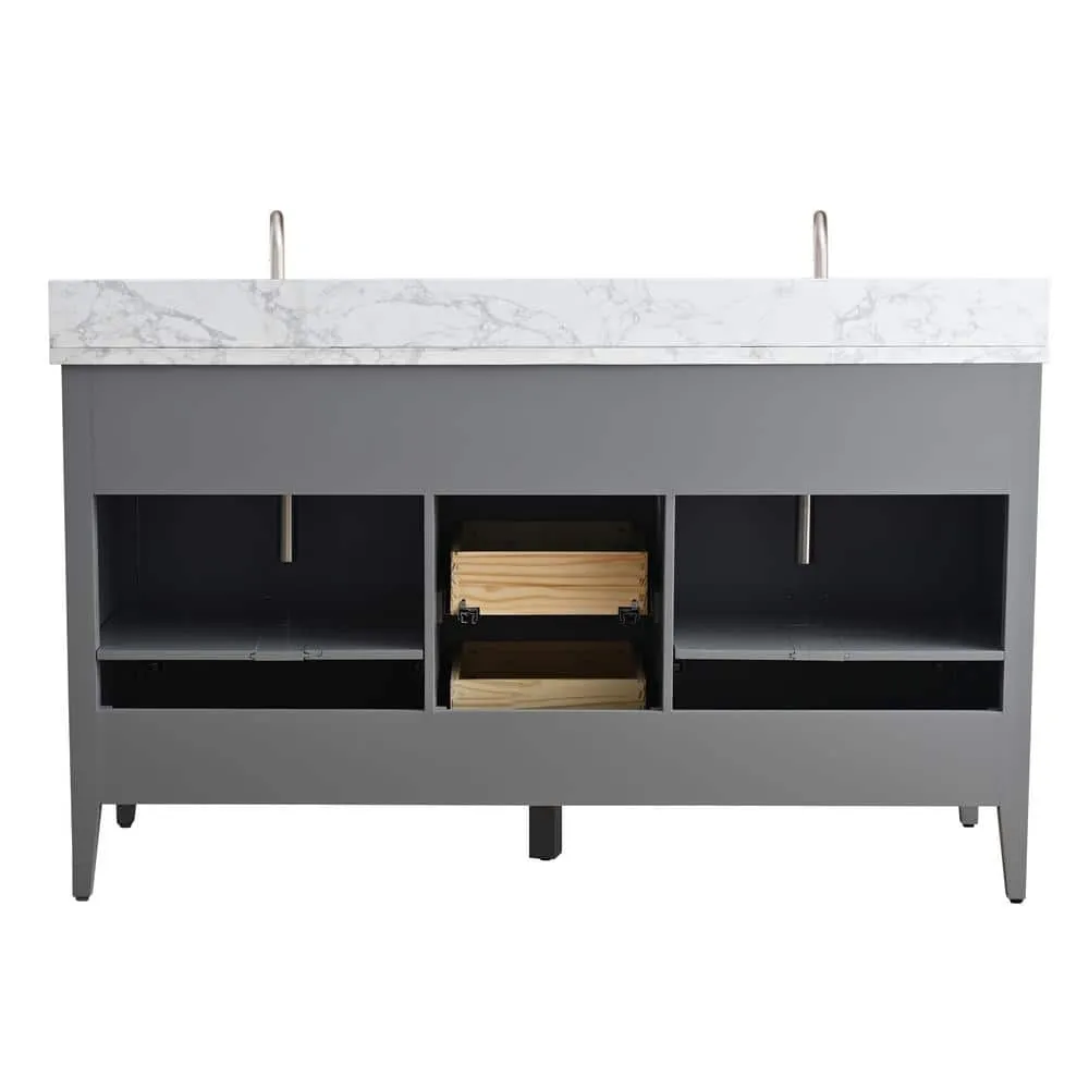 Vanity Art 60 in. W x 22 in. D x 34 in. H Double Sink Bathroom Vanity Cabinet in Cashmere Gray with Engineered Marble Top in White, photo 11 of 13