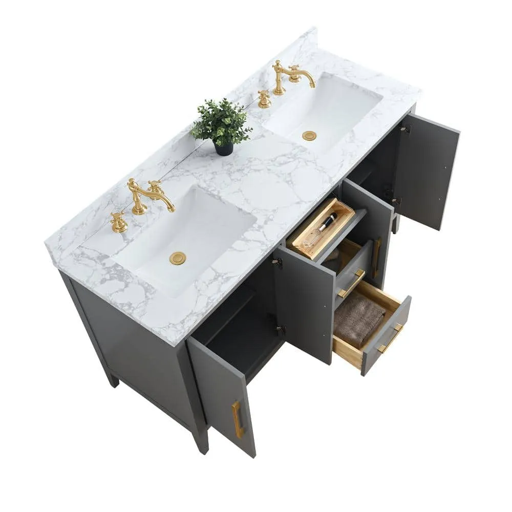 Vanity Art 60 in. W x 22 in. D x 34 in. H Double Sink Bathroom Vanity Cabinet in Cashmere Gray with Engineered Marble Top in White, photo 9 of 9