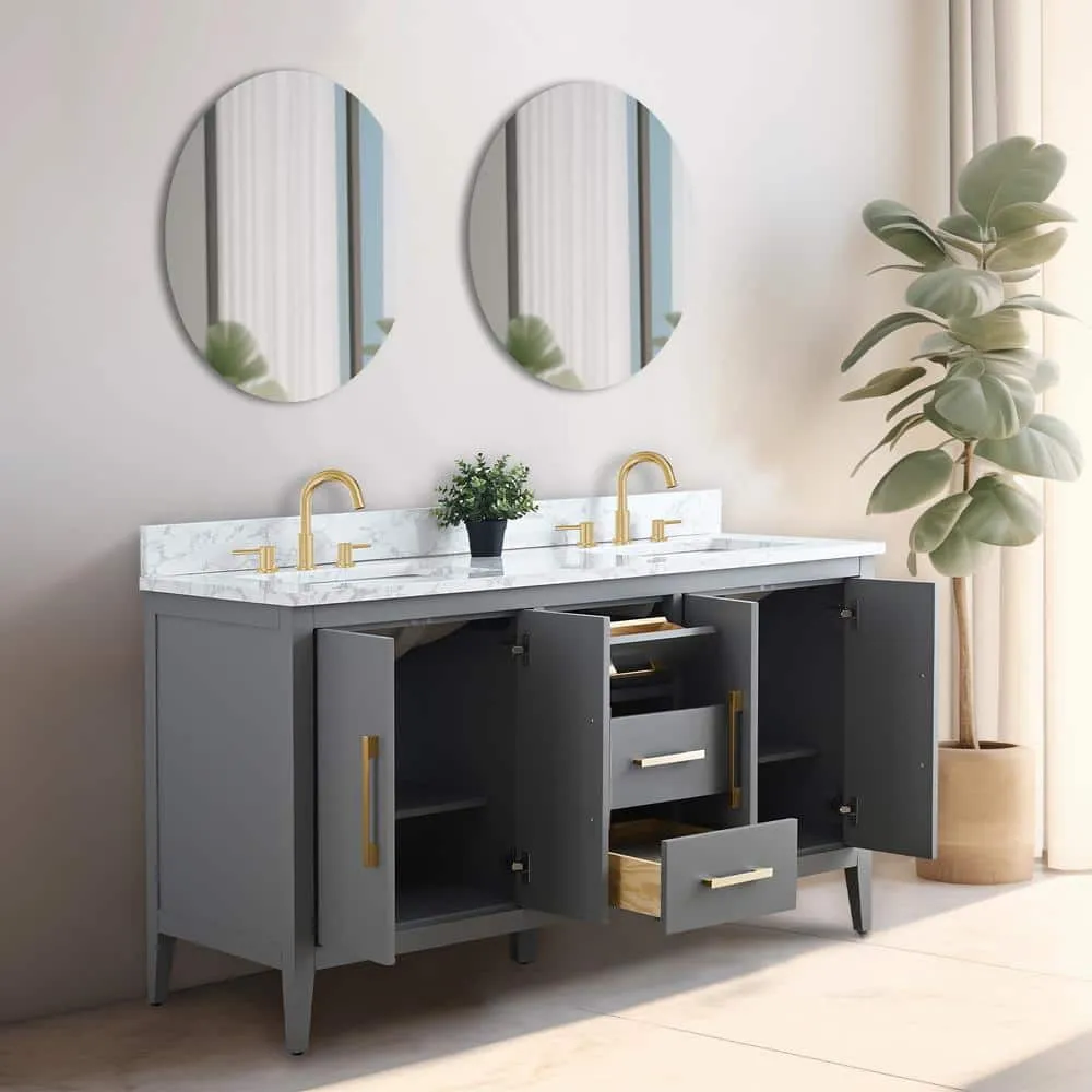 Vanity Art 60 in. W x 22 in. D x 34 in. H Double Sink Bathroom Vanity Cabinet in Cashmere Gray with Engineered Marble Top in White, photo 8 of 9