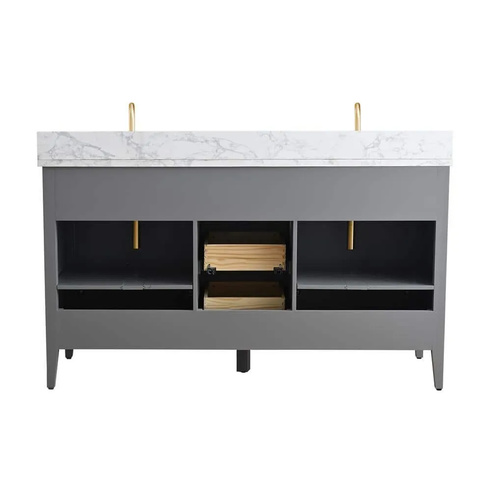 Vanity Art 60 in. W x 22 in. D x 34 in. H Double Sink Bathroom Vanity Cabinet in Cashmere Gray with Engineered Marble Top in White, photo 6 of 9