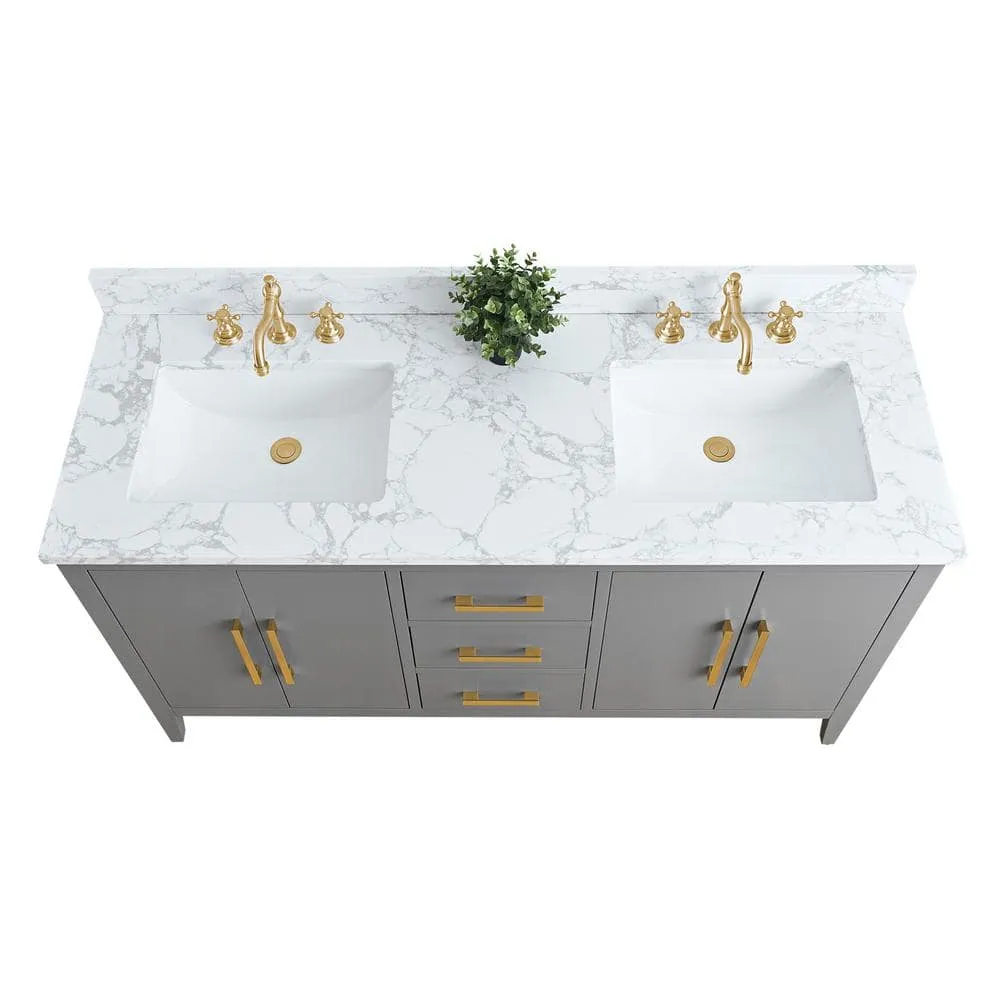Vanity Art 60 in. W x 22 in. D x 34 in. H Double Sink Bathroom Vanity Cabinet in Cashmere Gray with Engineered Marble Top in White, photo 4 of 9