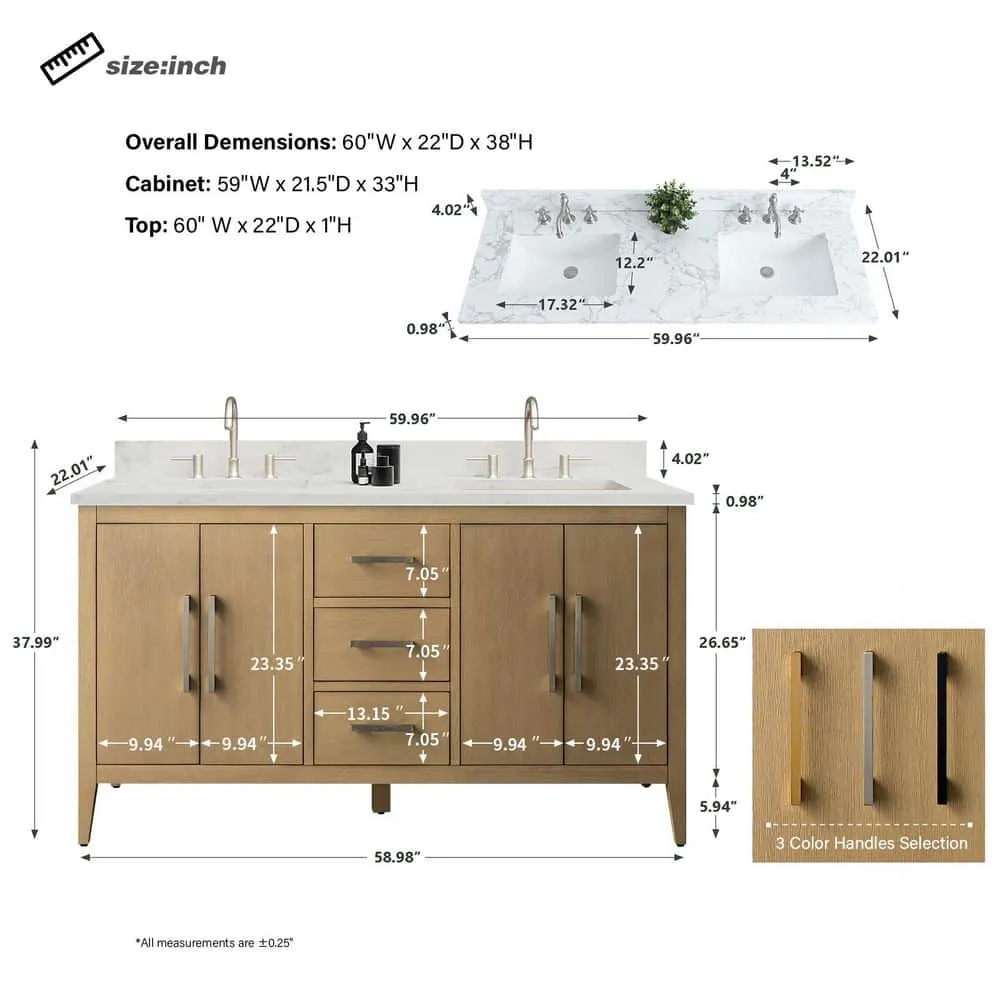 Vanity Art 60 in. W x 22 in. D x 34 in. H Double-Sink Bathroom Vanity in Natural Oak with Engineered Marble Top in Arabescato White, photo 7 of 9